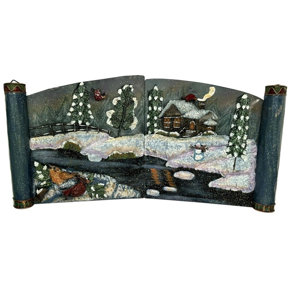 Tabletop Bi-Fold Metal 3-D Crafted Folding Screen Winter Scene Cardinals Snowman